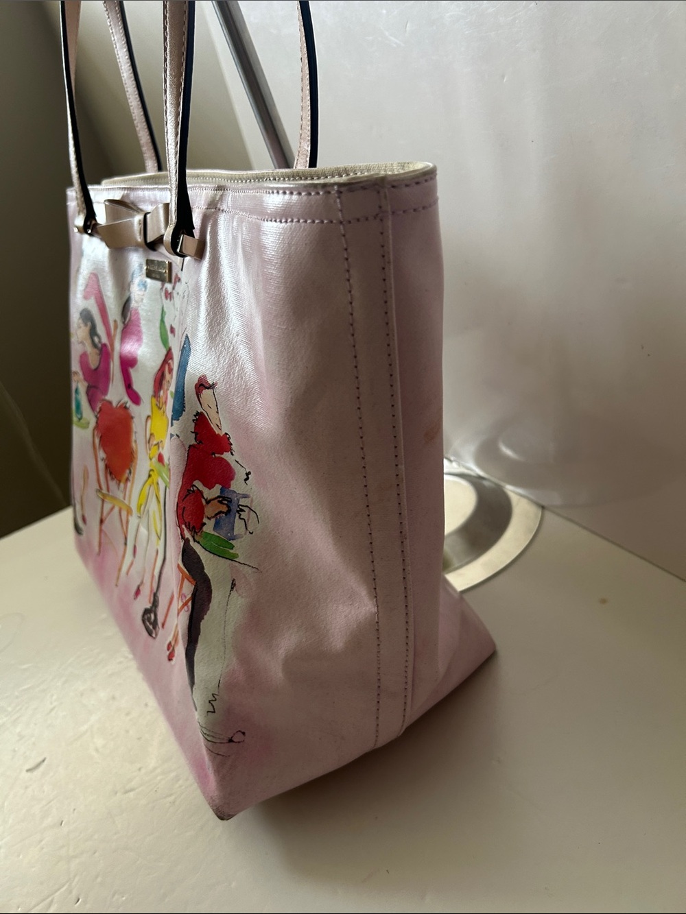 kate spade Ooh La La Pink Leather Illustrated Tote Bag Boho Rare Only $100!!! - Picture 6 of 16